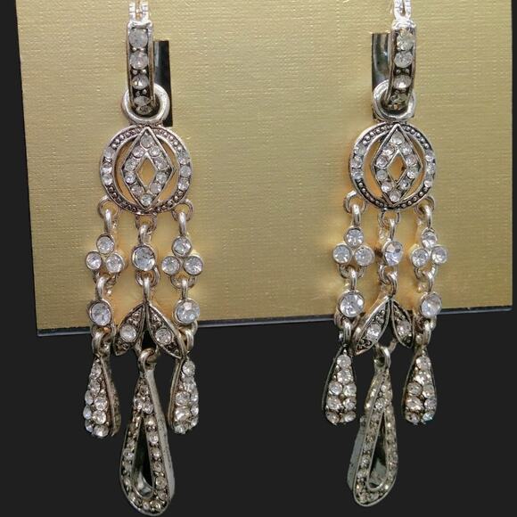 Monet Chandelier Earrings Rhinestone Dangle Silvertone NWT Hoops Detach Art Deco - Picture 11 of 12